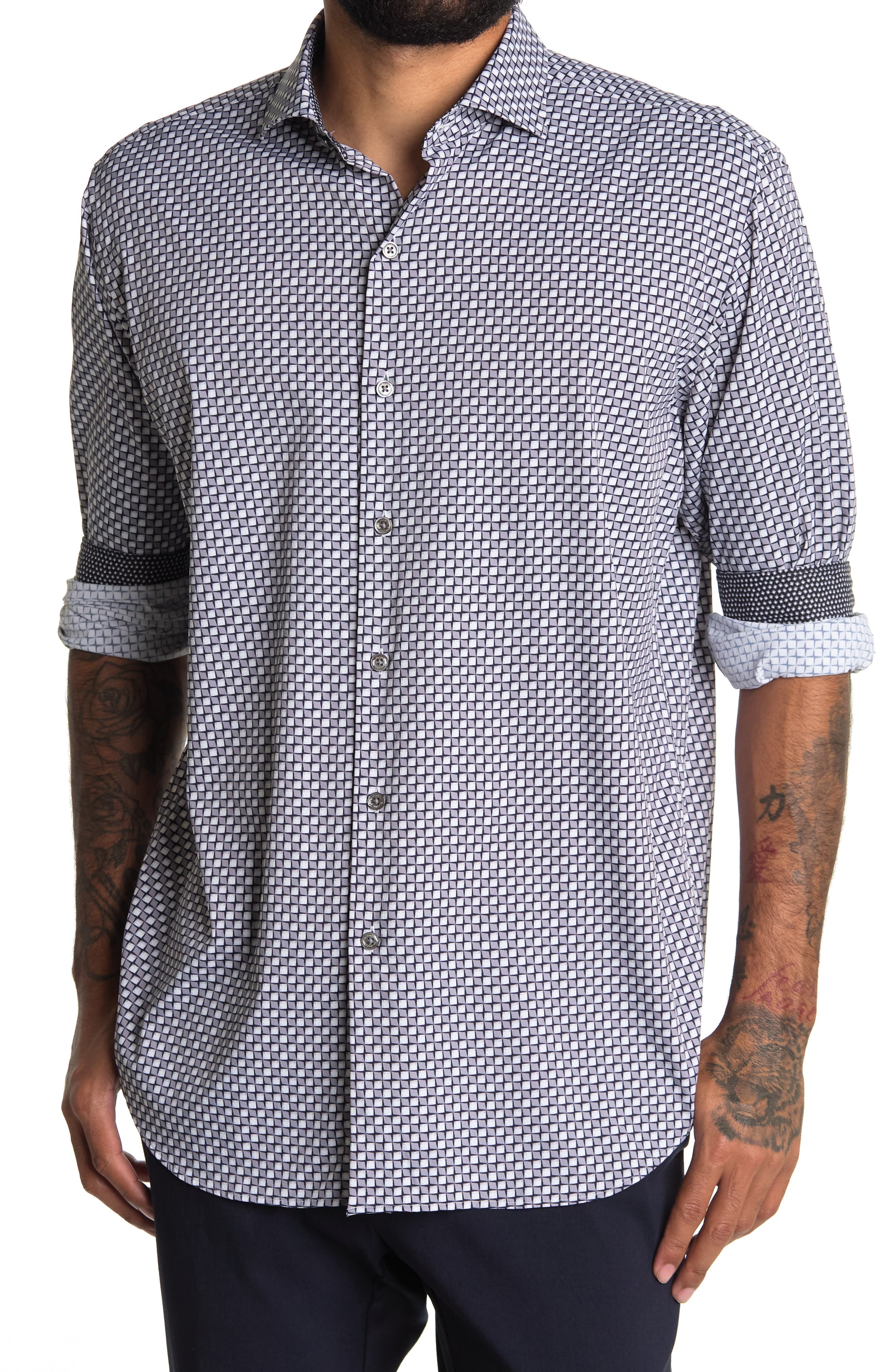 Bugatchi Mens Short Sleeve Fitted Striped Background Fedora Print Shirt Bugatchi Mens Short Sleeve Fitted Striped Background Fedora Print Shirt